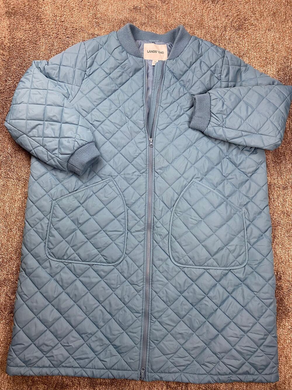 Lands End Quilted Duster Coat Womens 3X Blue Long Full Zip Robe Jacket Pocket